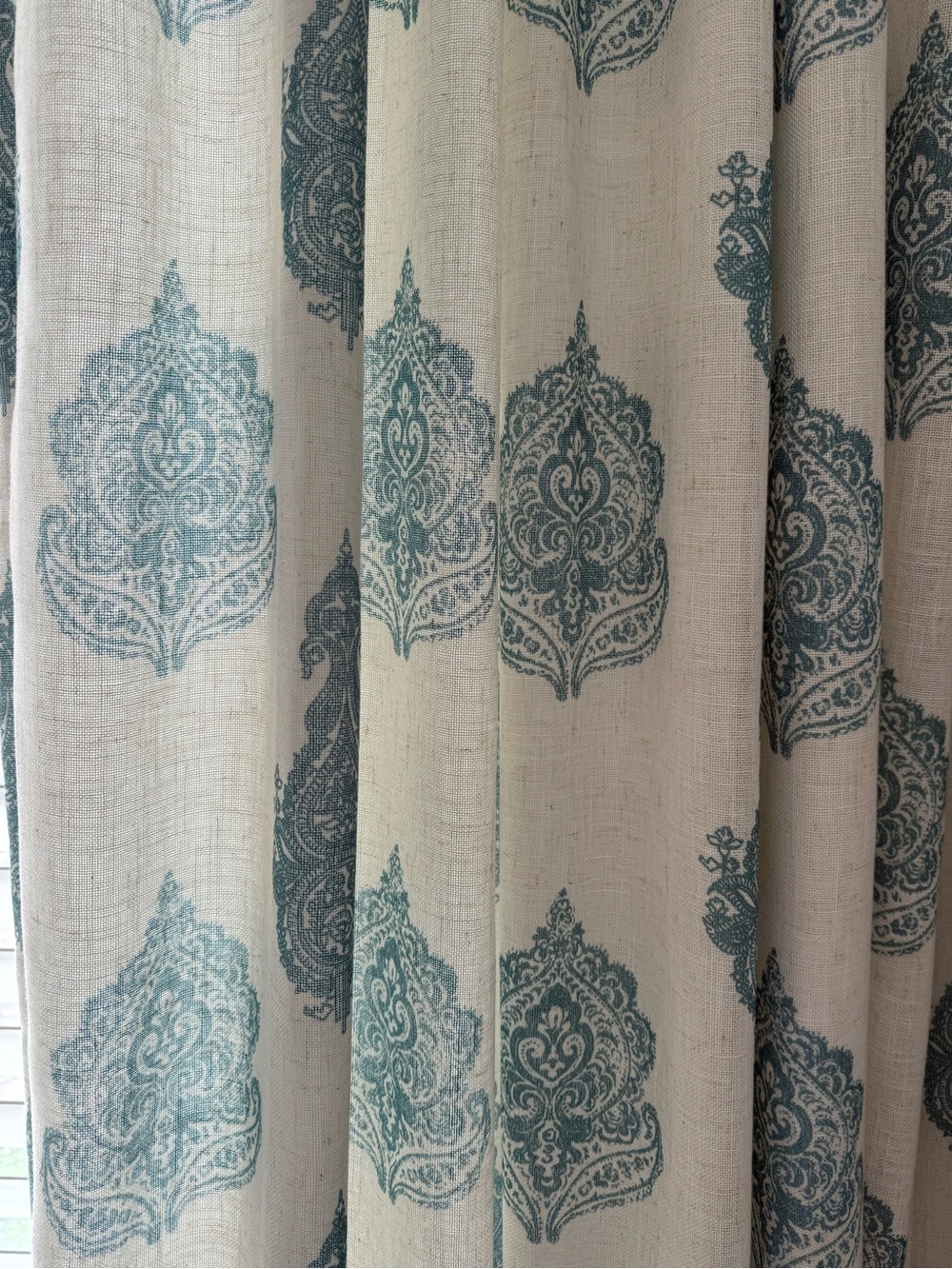 Pier 1 Linen-Style Curtain Panels with Teal Medallion Print. Set of 4! 108”